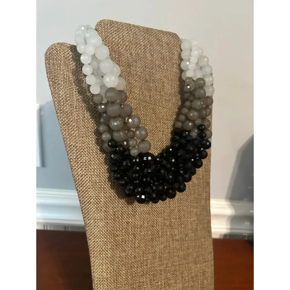 Multi Strand Ombre Bead Necklace Black Gray White Gradient Statement 18 Inch